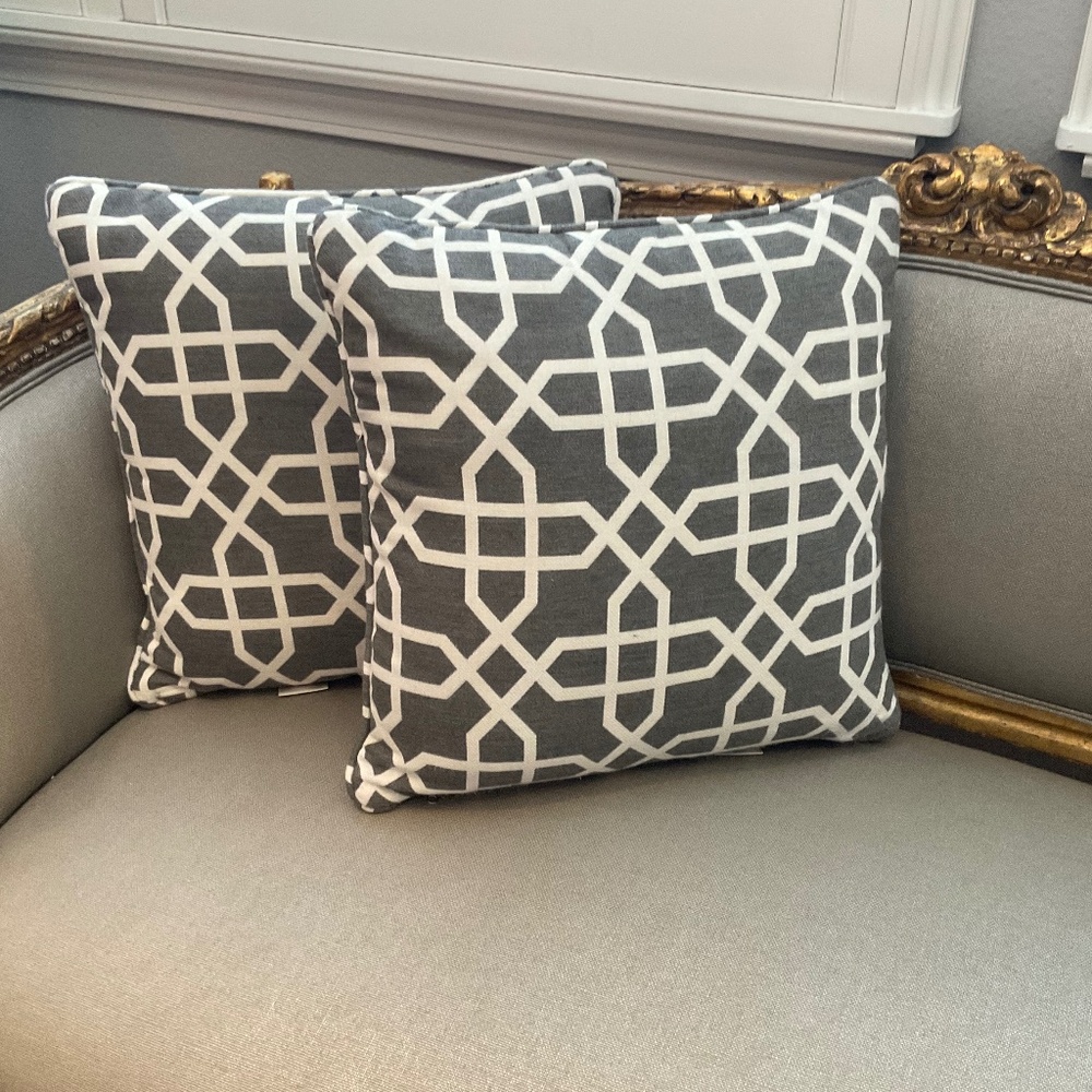Pair of Outdoor grey and white patterned sunbrella pillows with inserts